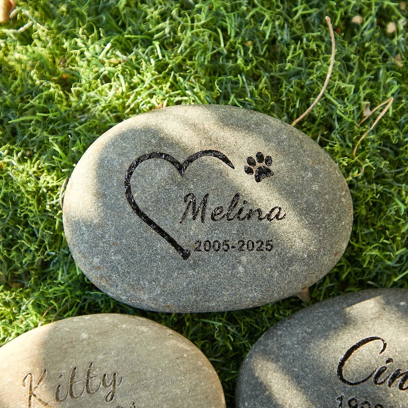 May include: A gray stone memorial with the name "Melina", a heart, and a paw print engraved on it. The dates "2005-2025" are also engraved. The stone is set on a bed of green moss.