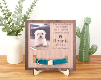 Aangepast gedenkteken staand lijst, herdenkingshalsband huisdier met foto, houten lijst puppy gedenkteken met display, in Loving Memory, cadeaus huisdierverlies