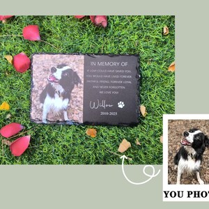 K&ouml;nnte beinhalten: Schwarzwei&szlig;foto eines Hundes auf einem schwarzen Schieferdenkmal mit dem Text "In Gedenken an" und einem Gedicht &uuml;ber einen treuen Freund. Das Denkmal enth&auml;lt auch den Namen des Hundes "Willour" und die Daten "2010-2025".