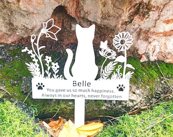 Custom Cat Memorial Stake,Personalized Cat Loss Gift,Cat Grave Marker,Metal Cat Garden Stake with Flowers,Cat Garden Decor,Cat Headstone