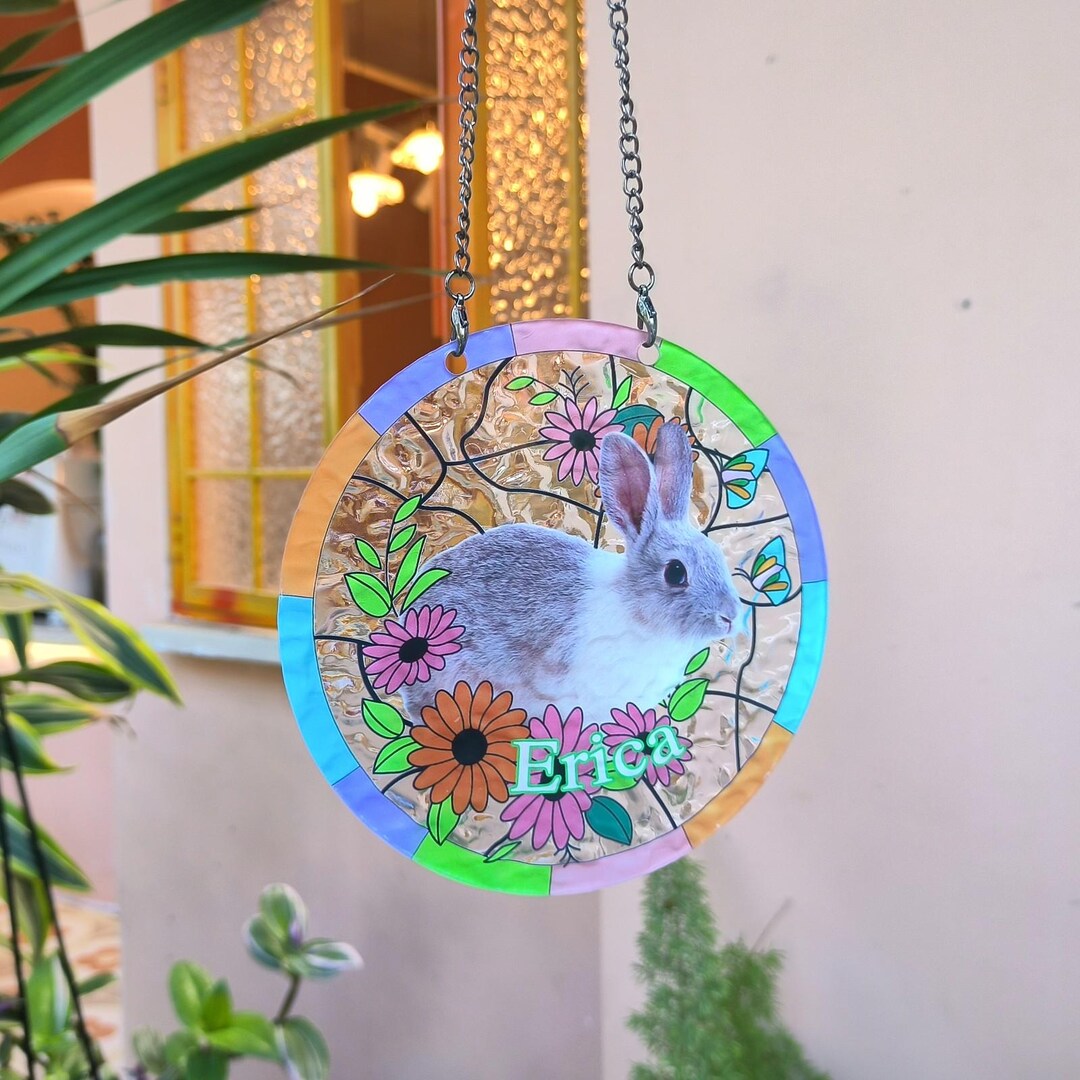 Custom Rabbit Portrait Engraved Stained Glass Suncatcher, Bunny Photo ...