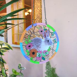 Custom Rabbit Portrait Engraved Stained Glass Suncatcher, Bunny Photo from Glass Art, Pet Memorial Gift, Pet Portrait from photo