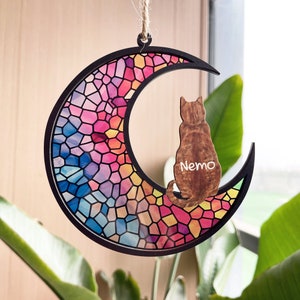 May include: A stained glass moon ornament with a rainbow colour scheme. A wooden cat cutout is sitting on the moon with the name "Nemo" written on it.