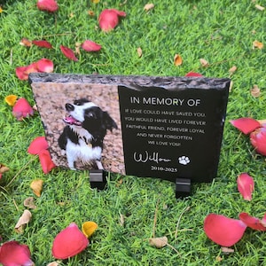 K&ouml;nnte beinhalten: Schwarzer Schiefer-Gedenkstein mit einem Foto eines schwarz-wei&szlig;en Border Collies. Der Stein tr&auml;gt den Text "In Memory Of" und ein Gedicht &uuml;ber einen treuen Freund. Der Name "Willow" und die Daten "2010-2025" sind ebenfalls auf dem Stein.