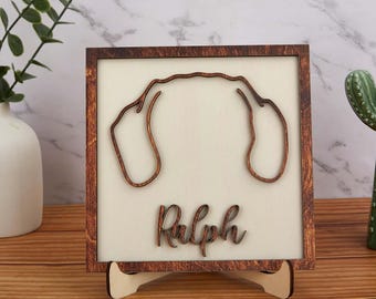 Arte de pared de madera personalizado con orejas de perro, dibujo lineal personalizado de orejas de perro, letrero de madera 3D, letrero conmemorativo para mascotas, regalo conmemorativo para perros, recuerdo de mascotas