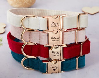 Mehrere Farbe Samt Personalisieren Hundehalsband Leinen Set mit Schleife, Pink + Weiß + Rot + Blau, gravierte Haustier Name Tag Metallschnalle, Hochzeit Welpen Geschenk