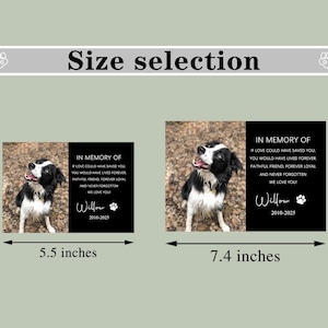 K&ouml;nnte beinhalten: Zwei schwarz-wei&szlig;e Erinnerungsfotos f&uuml;r Haustiere mit einem Rand. Der kleinere Druck ist 5,5 Zoll mal 3,8 Zoll gro&szlig;. Der gr&ouml;&szlig;ere Druck ist 7,4 Zoll mal 5,5 Zoll gro&szlig;. Beide Drucke zeigen ein Schwarzwei&szlig;foto eines Border Collies. Der Text auf den Drucken lautet: "In Erinnerung an... Wenn Liebe dich h&auml;tte retten k&ouml;nnen, h&auml;ttest du f&uuml;r immer gelebt. Treuer Freund, f&uuml;r immer treu und nie vergessen. Wir lieben dich. Willow 2010-2025".