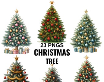 Clipart de árvore de Natal em aquarela: Imagens PNG de feriados (download digital)