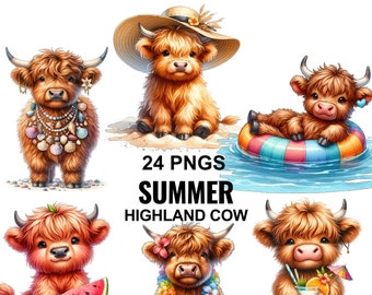 Summer Highland Cow Clipart: Beach Theme PNG Bundle (Digital Download)
