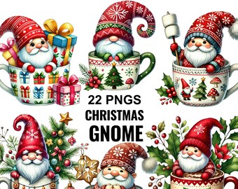 May include: A set of 22 digital illustrations of Christmas gnomes in mugs. The gnomes are wearing red and white hats and have white beards. The mugs are decorated with Christmas themes, such as snowflakes, trees, and candy canes. The text "22 PNGS CHRISTMAS GNOME" is displayed in the center of the image.