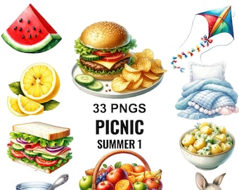 Watercolor Picnic Clipart: Summer Food, Basket, Outdoor PNG (Digital Download)