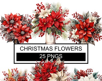 Watercolor Christmas Flower Clipart: Holiday Bouquet PNGs (Digital Download)