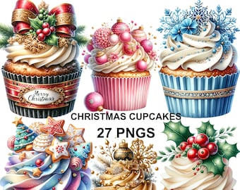 Watercolor Christmas Cupcakes clipart, Festive Food Clipart, Christmas Graphic, Cupcake Png, Cupcake Sublimation, Christmas Cupcakes clipart