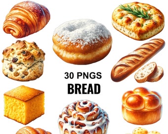 Watercolor Bread Clipart, 30 PNG Croissant French Bakery Elements, Fresh Pastry Food Sublimation Graphics Digital Download Pack