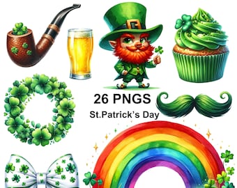 Watercolor St. Patrick's Day Clipart: Irish PNG Graphics (Digital Download)