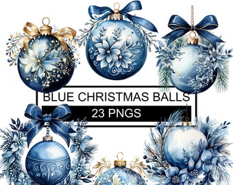Watercolor Christmas Baubles Clipart: Blue Ornaments PNG (Digital Download)
