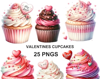 May include: A set of 25 Valentine's Day themed cupcakes with pink, white, and red frosting. The cupcakes are decorated with hearts, sprinkles, and messages like "My Love", "Be Mine", and "Love".