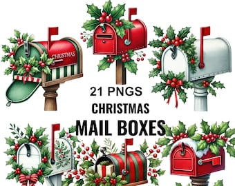 May include: A collection of six decorative mailboxes featuring festive holiday themes, including red, green, and white colors, adorned with holly leaves and red berries. The text 21 PNGS CHRISTMAS MAIL BOXES is centered among the mailbox illustrations.