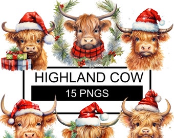 May include: A digital collection of 15 PNG files featuring illustrations of Highland cows. The cows are depicted with brown fur, horns, and various Christmas accessories including red Santa hats, plaid scarves, holly wreaths, and wrapped gift boxes.