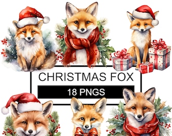 Watercolor Christmas Fox Clipart: 18 PNG Images (Digital Download)