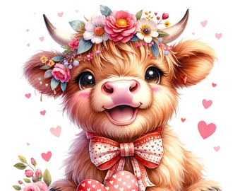 Watercolor Highland Cow Clipart: Love Cow PNG Images (Digital Download)