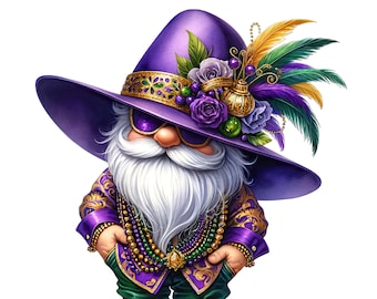 Watercolor Mardi Gras Gnome Clipart: Festive Carnival PNG (Digital Download)