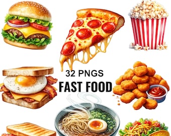 Watercolor Fast Food Clipart: Restaurant Food Illustrations (Digital Download)
