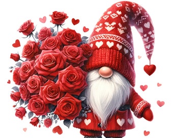 May include: A red gnome with a white beard holding a bouquet of red roses. The gnome is wearing a red knit hat with white hearts and a red sweater with white hearts. The gnome is standing on a white background.