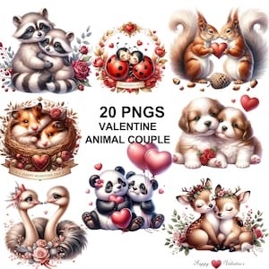 Clipart di coppia di animali carini ad acquerello, coppia di animali romantici, coppia d'amore, coppia di animali, clipart romantica, San Valentino, coppia di animali png