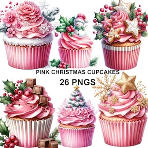 Acuarela Rosa Navidad Cupcakes Clipart, Sublimación de cupcakes, Cupcake Png, Gráficos navideños, Regalo de Navidad Png, Cupcake Clipart