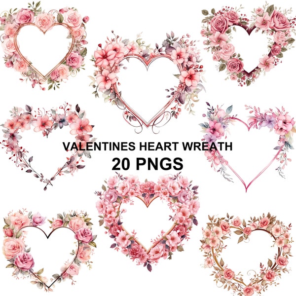 Watercolor Valentines Heart Wreath Clipart, Valentines Heart Wreath Clipart, Floral Valentine Frames, Floral Heart png, Flower Heart Clipart