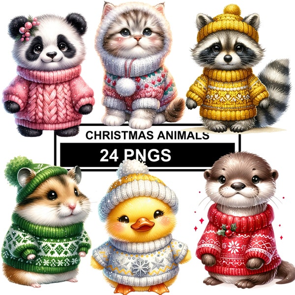 Watercolor Cute Christmas Animal Clipart, Christmas Animals Clipart, Animal Png, Christmas Baby Animals Clipart, Winter Animal Clipart