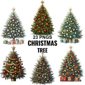 Clipart albero di Natale ad acquerello, albero di Natale decorato, clipart albero di Natale, alberi di Natale, clipart di Natale, clipart albero di pino, regali di Natale