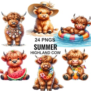 夏のハイランド牛のクリップアート、ハイランド牛のクリップアート、夏のビーチ PNG、ビーチのクリップアート、赤ちゃんハイランド牛、かわいいハイランド牛、夏のクリップアート