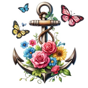 Clipart di ancoraggio floreale, clipart di ancoraggio, clipart nautica, ancore floreali, ancoraggio acquerello, ancoraggio con fiori PNG, ancoraggio Png