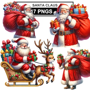 Aquarelle père Noël avec des cadeaux clipart, 17 PNG Noël Santa Clipart, clipart père Noël, clipart Noël, père Noël Png, usage Commercial