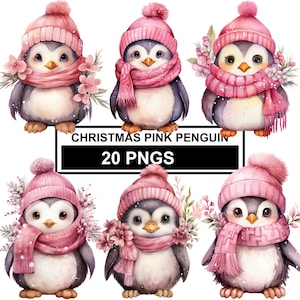 Clipart de pingüino de Navidad rosa acuarela, imágenes prediseñadas de pingüino de Navidad, imágenes prediseñadas de pingüino rosa, imágenes prediseñadas de pingüino, pingüino de Navidad Png