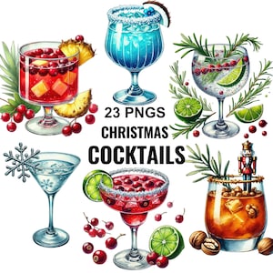 Clipart cocktail di Natale, grafica png cocktail, clipart bevande invernali, cocktail Png, bevande natalizie ad acquerello, clipart cocktail natalizi
