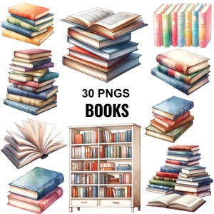 Watercolor Books Clipart: 30 PNG Book Graphics (Digital Download)