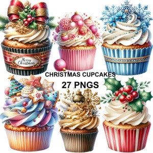 Clipart di cupcakes di Natale ad acquerello, clipart di cibo festivo, grafica natalizia, cupcake Png, sublimazione di cupcake, clipart di cupcakes di Natale