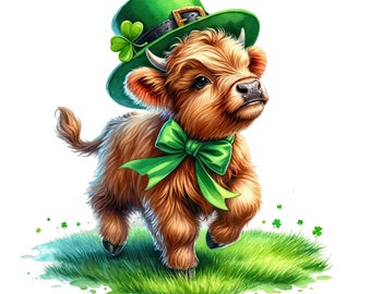 Watercolor St Patrick's Highland Cow Clipart (Digital Download)