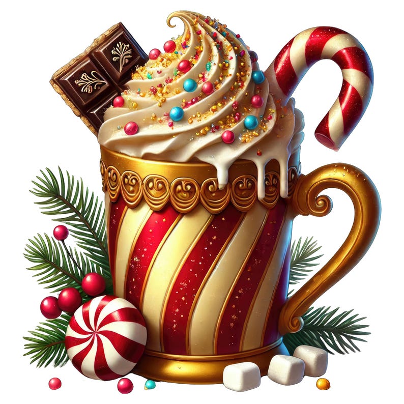 May include: A red and white striped mug with gold trim filled with whipped cream, sprinkles, and a candy cane. The mug is decorated with a chocolate bar and a peppermint candy.