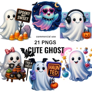 Cute Ghost Clipart, Halloween Ghost PNG, Spooky Cute Ghost, Ghost with Pumpkin,Cute Halloween Ghost Bundle,Cute Halloween Clipart,Ghost Png