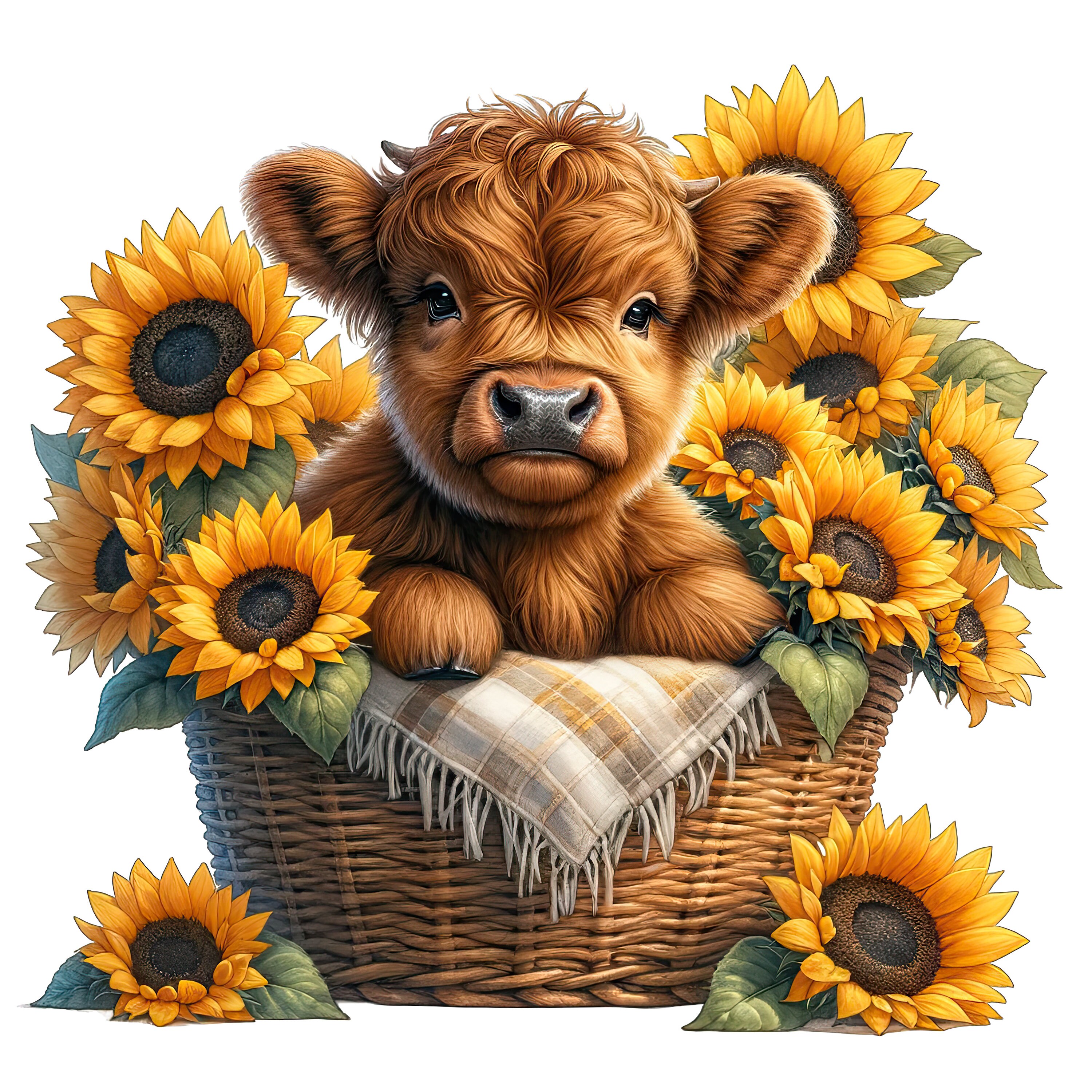 Watercolor Sunflower Highland Cow Clipart: Nursery PNG Bundle (digital ...