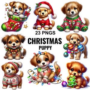 Clipart chiot Noël, chien festif Png, clipart chiot mignon, clipart chien de Noël, mignons chiots de Noël, clipart Noël chien, sublimation de chiot