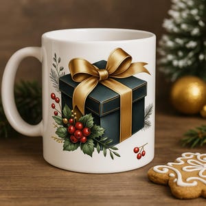 May include: White ceramic mug featuring a teal gift box with a gold ribbon and bow. The mug is decorated with sprigs of holly and red berries, perfect for the festive season. A gingerbread biscuit is in the foreground.