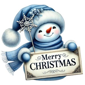 May include: A cheerful snowman wearing a blue hat and scarf, holding a rectangular sign that reads Merry Christmas in black lettering. The snowman features a bright orange carrot nose, rosy cheeks, and a silver snowflake wand accessory.