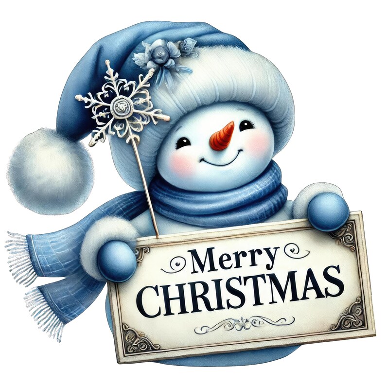 May include: A cheerful snowman wearing a blue hat and scarf, holding a rectangular sign that reads Merry Christmas in black lettering. The snowman features a bright orange carrot nose, rosy cheeks, and a silver snowflake wand accessory.