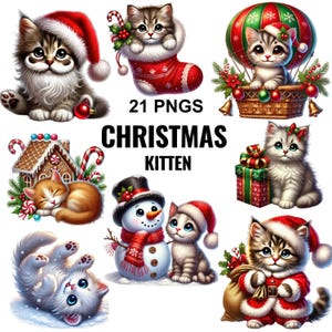 Pacote de clipart de gatinho de Natal, Imagens de gatos de Natal, Gatinhos de Natal Png, Clipart de gato fofo de Natal, Gatinho Png, Clipart de gatinho fofo