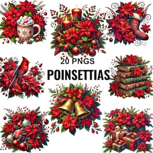 Lot de cliparts poinsettias, poinsettia rouge Noël, belles images de poinsettia, graphiques floraux festifs, pointstta png, fleur de poinsettia png